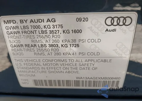 2021 Audi E-Tron Sportback Prestige Quattro from USA, damaged, VIN WA13AAGEXMB006460